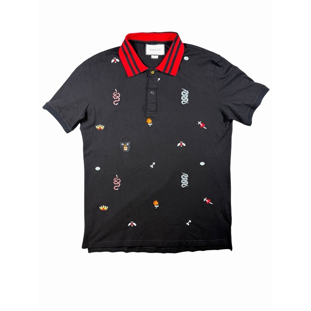 Gucci Mens M Black Polo Shirt Embroidered Snake Bee Tiger Made Italy Luxury